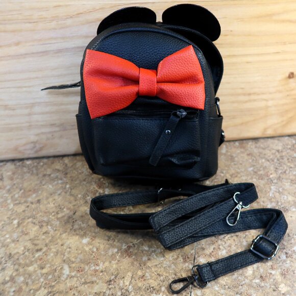 Minnie Mouse Style Mini Back Pack Purse Faux Leather Black with Red Bow Cute - Picture 7 of 12